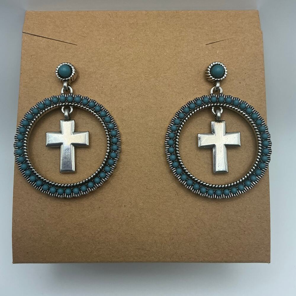 Montana Silversmiths Turquoise and Silver Cross Hoop Earrings - Picture 2 of 4